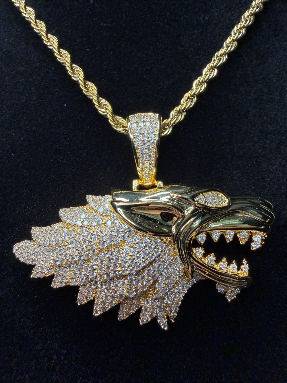 LOBO Iced Out Wolf Pendant GRA Certified Moissanite Stones 24in 3mm Rope Chain
